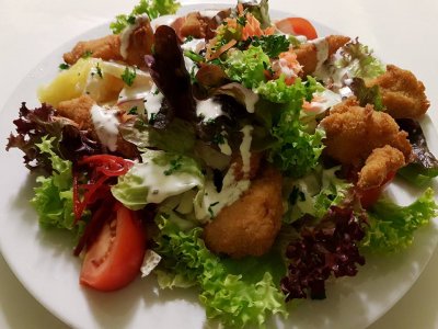 Salatplatte mit gebackenen Putenstreifen